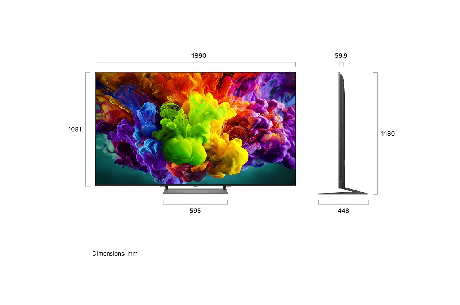 Het vooraanzicht van de LG QNED evo AI QNED90 Mini LED, uitgebracht in 2026, vult het scherm met levendige, vloeiende uitbarstingen van veelkleurige, verfachtige bewegingen, terwijl dichte wolken van kleur naadloos over het scherm versmelten.